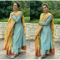 Sky Color Silk Fabric Spring Special Stitched Punjabi Suit